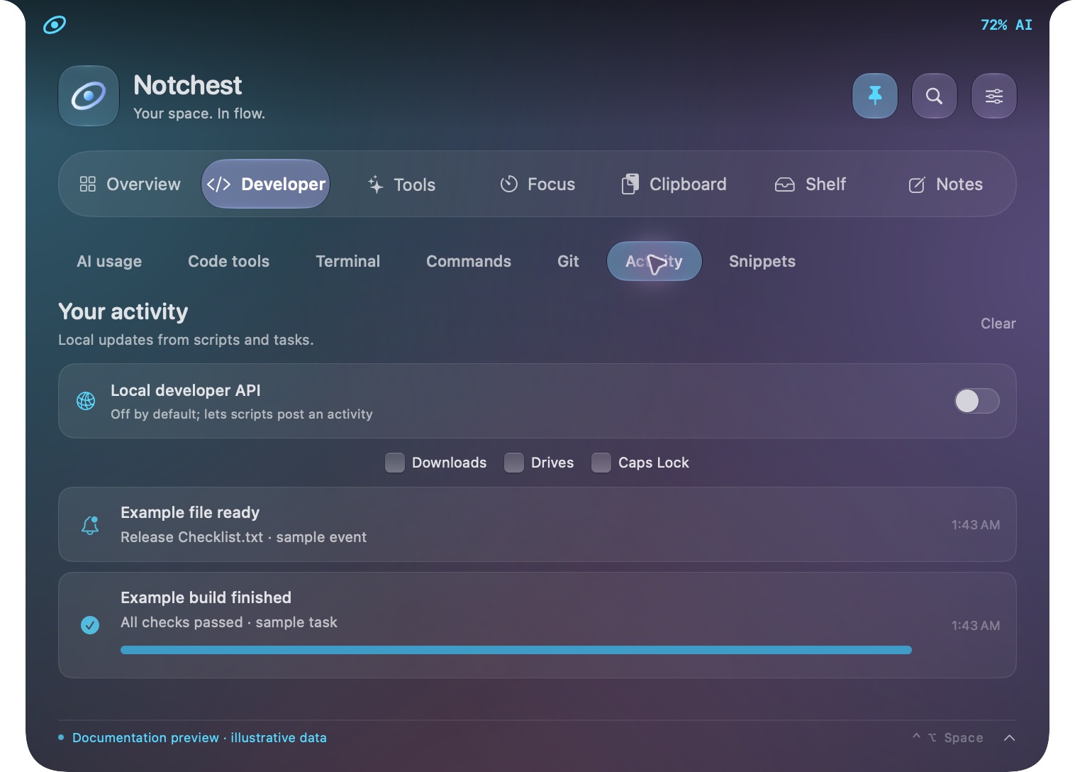 Actual Notchest interface: Keep builds in view