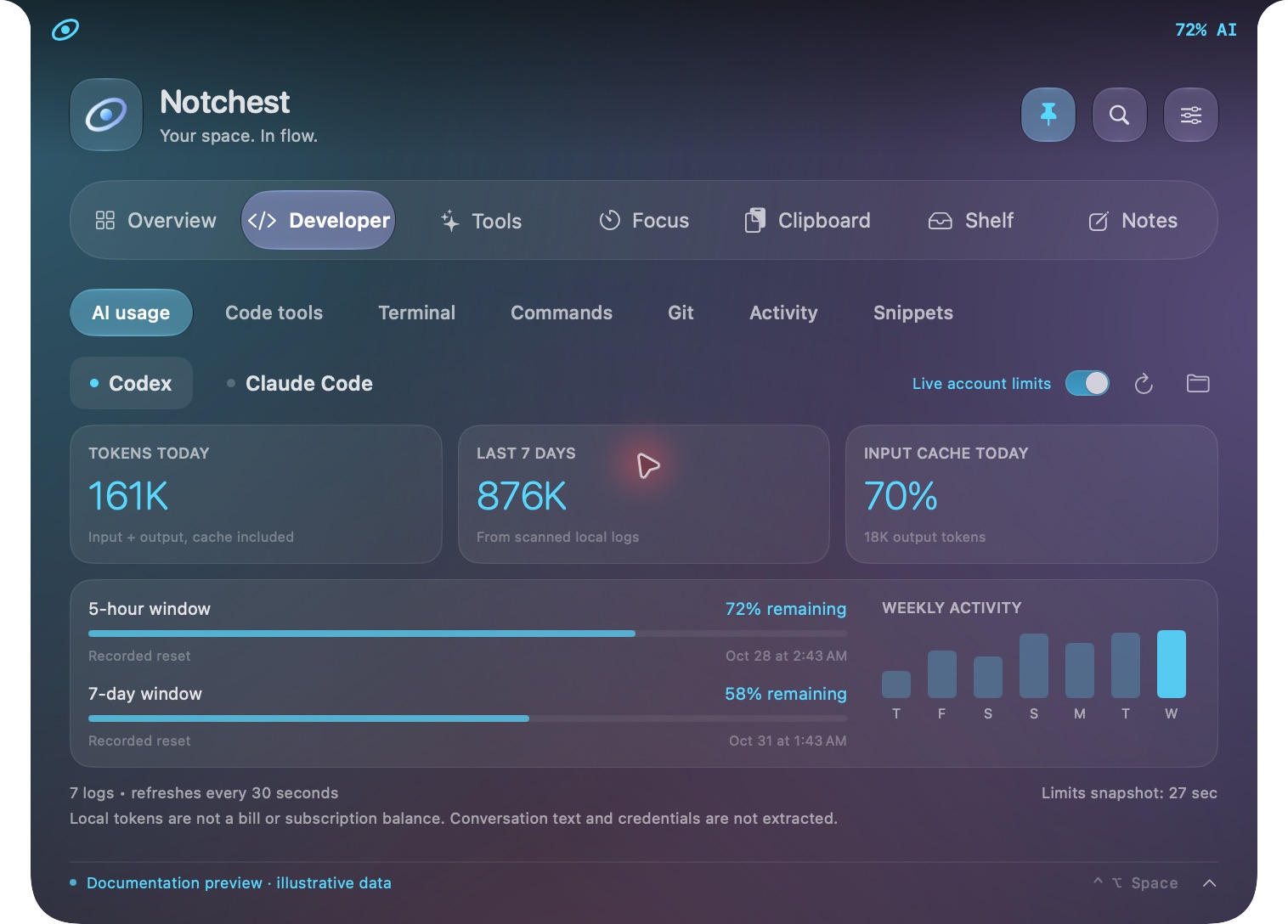Actual Notchest interface: See your AI activity