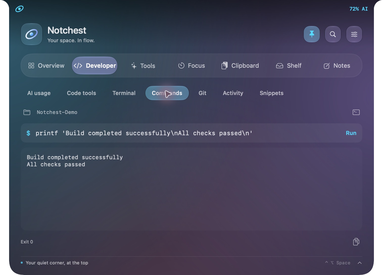 Actual Notchest interface: Run. Read. Continue.