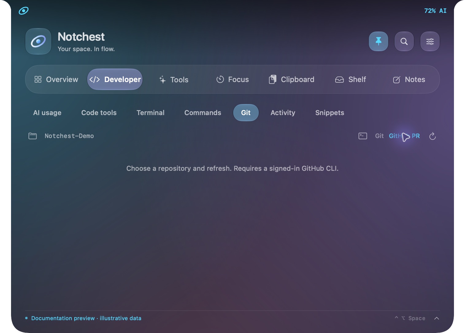 Actual Notchest interface: Pull requests, close by