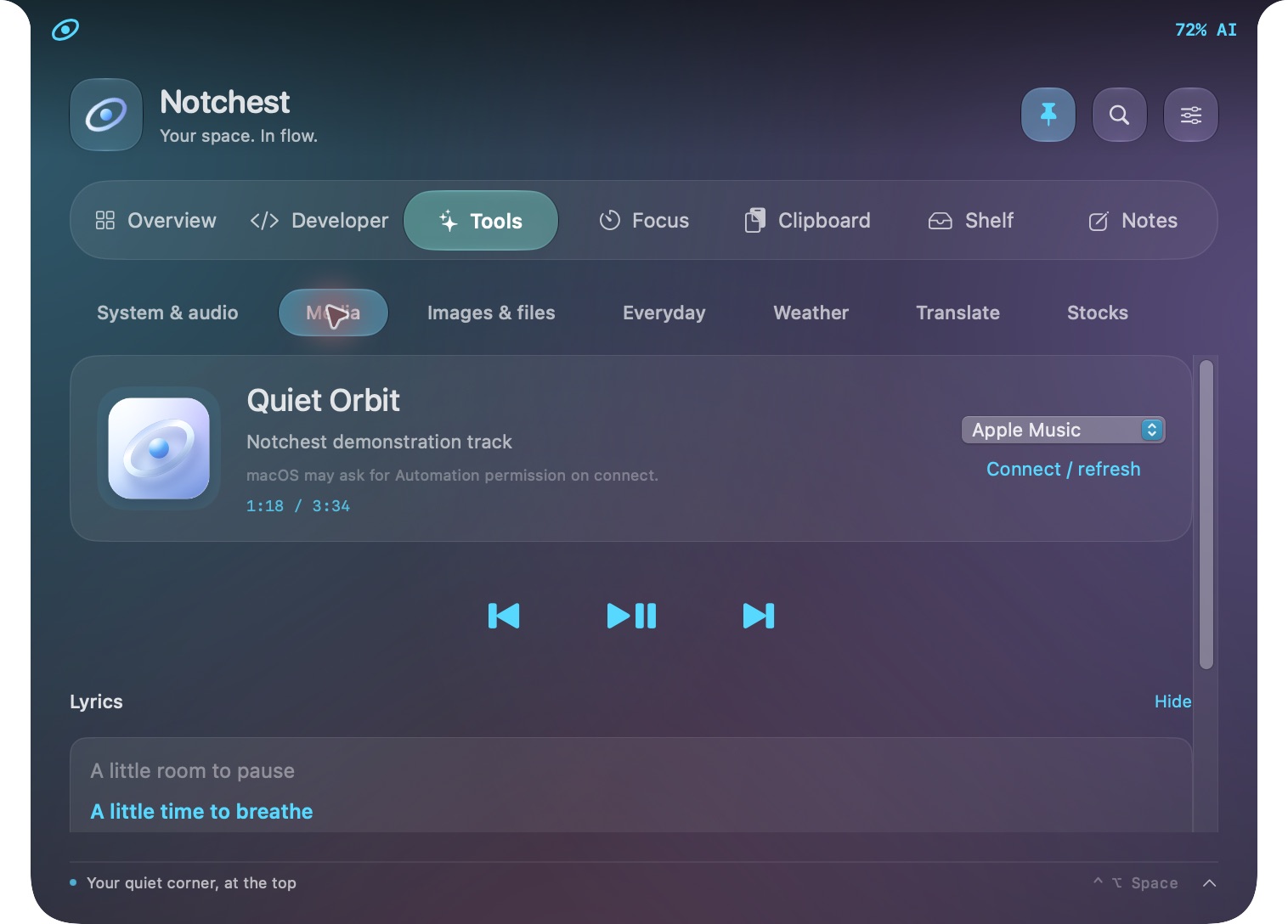 Actual Notchest interface: A little room for music