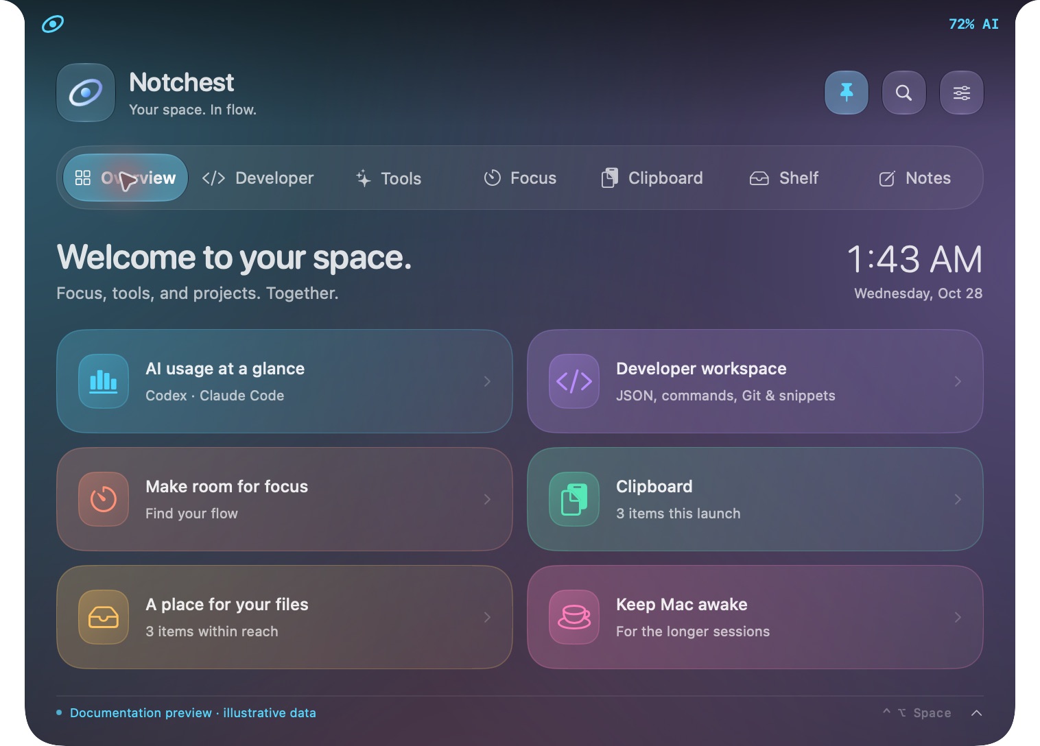 Notchest overview with colorful tool cards and curved notch shoulders