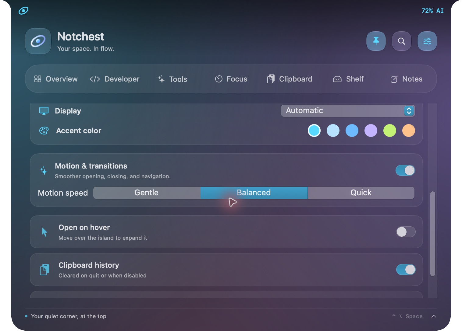 Actual Notchest interface: Ready when you are