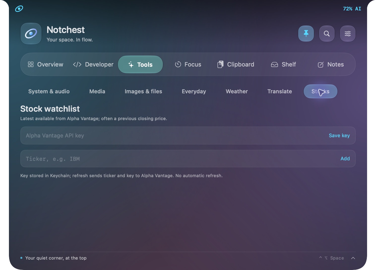 Actual Notchest interface: Your watchlist, nearby
