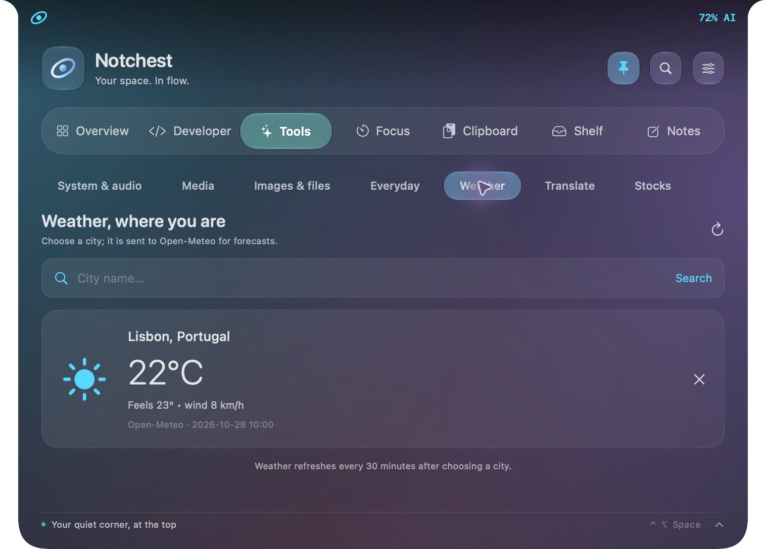 Actual Notchest interface: A quick look outside